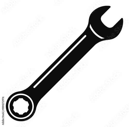Simple graphic illustration of a combination wrench depicting a hand tool for repair and maintenance projects