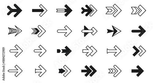 A collection of diverse arrow icons in black and white, showcasing various styles, shapes, and designs for navigation and direction.