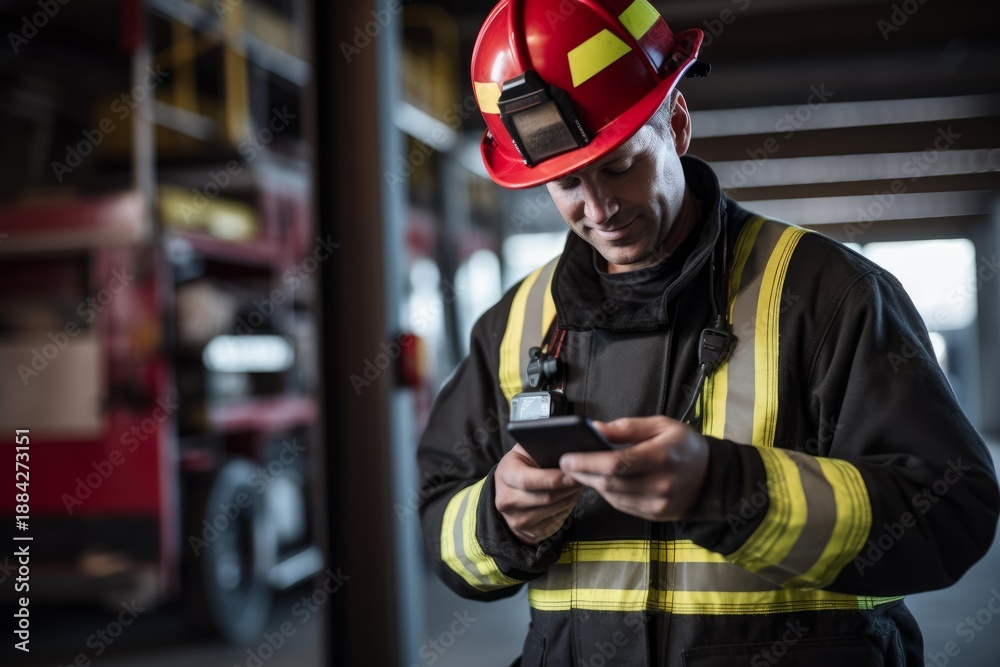 Fototapeta premium Firefighter wearing protective gear and helmet using smartphone in a fire station