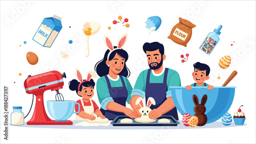 Happy Family Baking Easter Cookies Vector