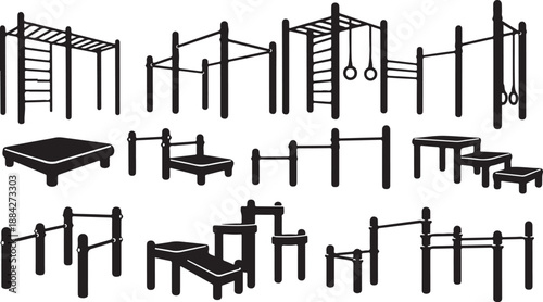 Black and white illustration of various obstacle course equipment