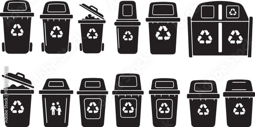Recycling bins and trash cans with recycle symbols illustration