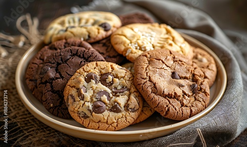Freshly baked cookie assortment showcased on a plate with chocolate chip, oatmeal, and sugar cookies