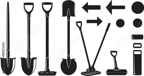 Collection of shovels and digging tools in black icons