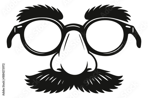 Classic graphic illustration of a fake nose, glasses, and mustache depicting a humorous disguise for parties and entertainment