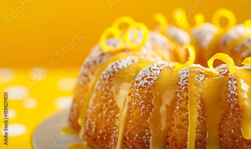 Lemon cake topped with shiny lemon glaze and zest, showcased on a vibrant yellow backdrop