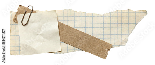 Konstfotografi Vintage collage of torn grid paper blank note kraft tape and rusty metal paperc
