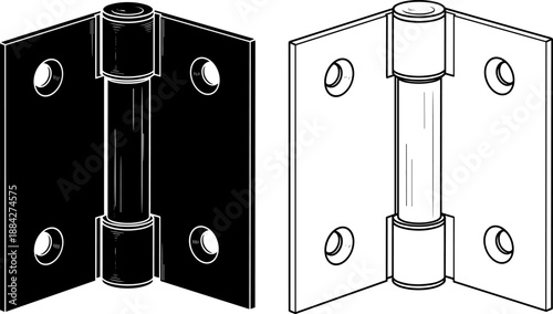 Door hinge vector illustration set isolated on white background, black silhouette and outline metal hardware icons for construction, furniture, carpentry and interior design projects