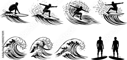 Dynamic surfing silhouette set with riders and ocean wave illustrations, extreme water sport action scenes, black and white vector collection isolated on white background