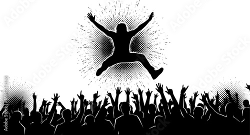 Dynamic black and white silhouette of crowd surfing concert fan jumping above cheering audience, music festival energy, celebration, freedom and excitement concept illustration