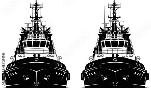 Front view tugboat silhouette illustration showing symmetrical maritime vessel design, industrial harbor service ship isolated on white background for marine logistics and naval transport concepts