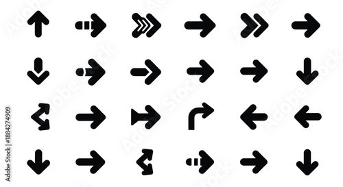A collection of various black arrow icons and symbols pointing in different directions and styles on a white background, suitable for user interface design.