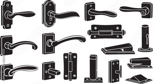 Collection of various door handles and hardware components