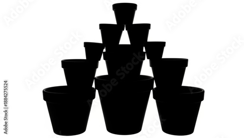 Stacked flowerpots viewed from the front on a plain background