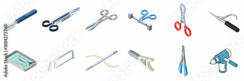 Isometric collection of surgical instruments including scalpel, forceps, needle, bone saw, and medical clippers, isolated on a white background.