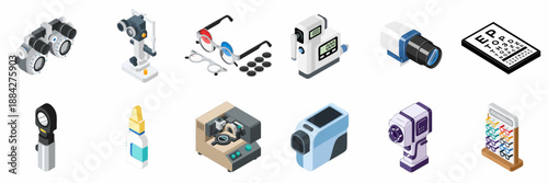 Isometric collection of essential ophthalmology and optometry equipment icons, including phoropter, eye chart, lens edger, trial frames, and diagnostic tools for vision care.