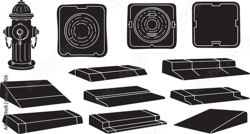 Black and white illustration of urban infrastructure elements set