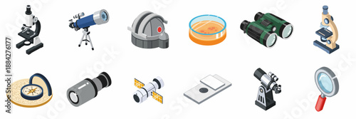 Isometric icons set of scientific observation equipment including microscopes, telescopes, binoculars, laboratory tools, and navigation instruments for research and exploration.
