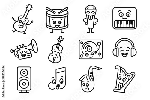 Funny clumsy vector speaker icon wacky dancing icons music saxophone headphones giggling