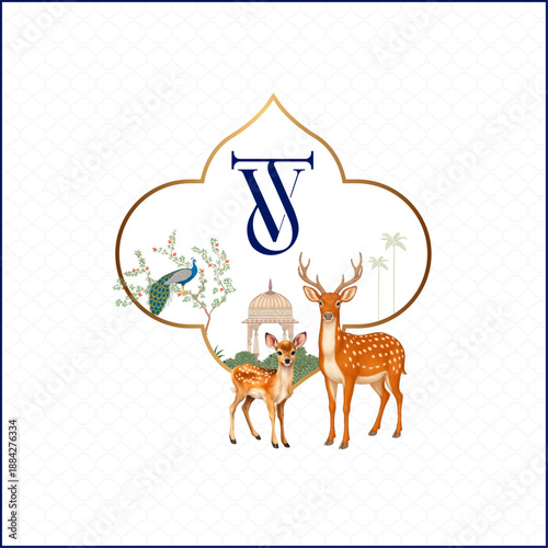 Royal Indian wedding crest with deer, peacock, and Mughal architecture motifs in a golden frame.