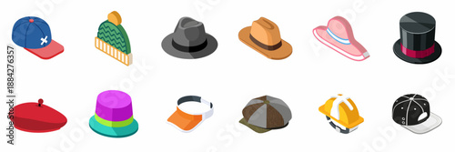 Isometric Hat and Cap Icon Set. Collection of headwear types including fedora, baseball, winter beanie, top hat, beret, and safety helmet icons.