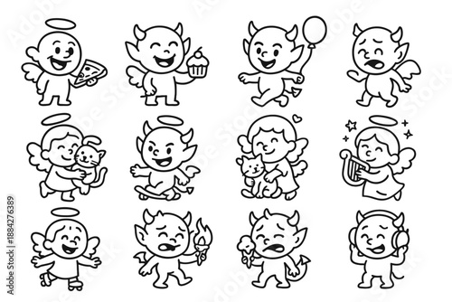 Playful smiling demons clumsy icon guitar cartoon demon vector angel headphones angels