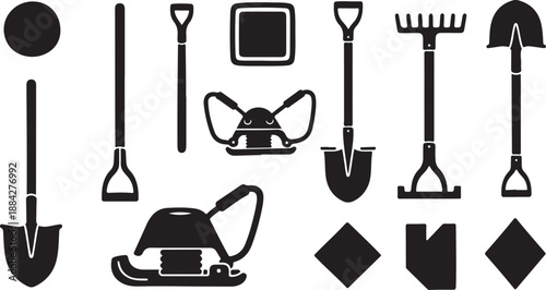 Collection of gardening tools and equipment icons in black