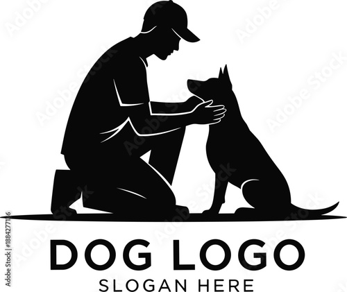 Black silhouette vector illustration of a professional male dog trainer kneeling and bonding with a loyal German Shepherd on a white background, (24 words)