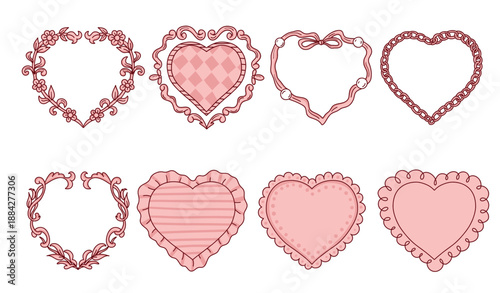 Pink retro frames with hearts. Vintage frames for Valentine's day on a white background.