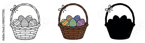 A detailed line illustration of a woven basket filled with colorful Easter eggs, perfect for spring holidays and Easter celebrations.