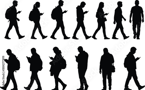 Black silhouette vector illustration of urban commuters and students walking while using mobile phones and wearing backpacks isolated on a white background,