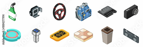 Isometric Car Accessories Icon Set: Dashcam, Steering Wheel, Charger, Organizer Bag, Phone Mount, Key Fob, and Cleaning Spray for Automotive Needs.
