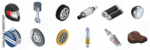 Isometric set of car and motorcycle spare parts and accessories including helmet, piston, wheel, brake, spark plug, and suspension components.