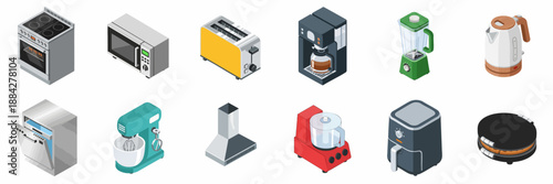 Isometric set of essential kitchen appliances and gadgets: stove, microwave, toaster, blender, air fryer, stand mixer, and dishwasher icons.
