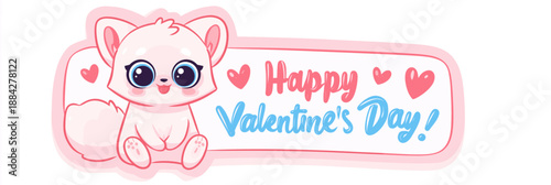 Cute cartoon animal holding a pink sign for Valentine's Day celebration. Cute big-eyed animal delivering Happy Valentine's Day message