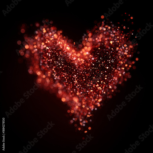 A heart made of sparkles. The heart is red and has a black background. The sparkles are scattered all over the heart