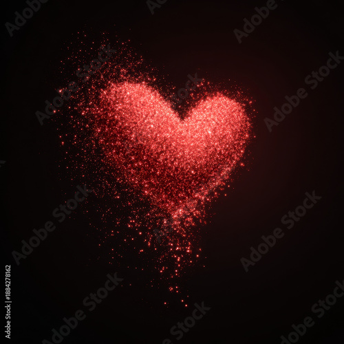 A heart made of sparkles. The heart is red and has a black background. The sparkles are scattered all over the heart