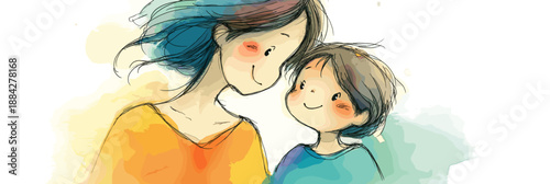 Watercolor illustration depicting a mother embracing her happy child with warmth and care. Mother and child smiling showing love and connection