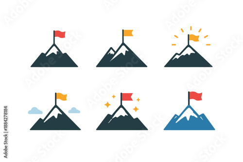 Collection of mountain peak icons with flags symbolizing achievement and success