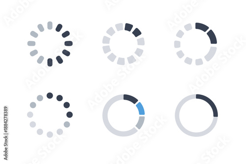 Set of circular loading indicators and progress spinners in various styles