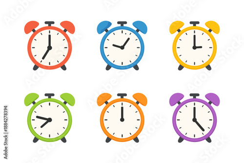 Collection of six colorful retro alarm clocks displayed in a grid on a white background