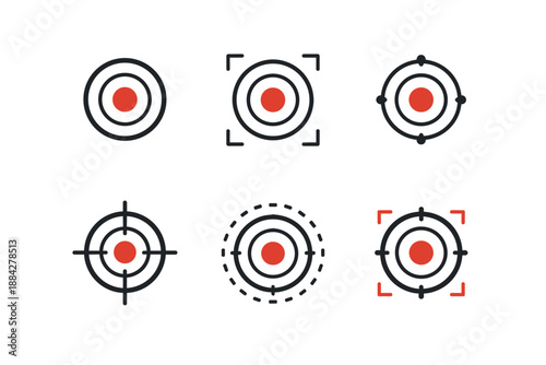 Collection of six different target icons with red bullseye and black outlines on white background