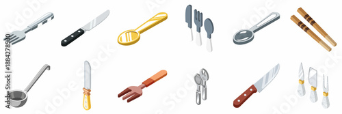 Isometric Vector Collection of Various Kitchen Cutlery, Flatware, and Serving Utensils, including Spoons, Forks, Knives, Ladles, and Chopsticks.