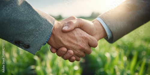 Close-up of a business handshake in a sunny green field, symbolizing a successful agricultural partnership and sustainable business collaboration