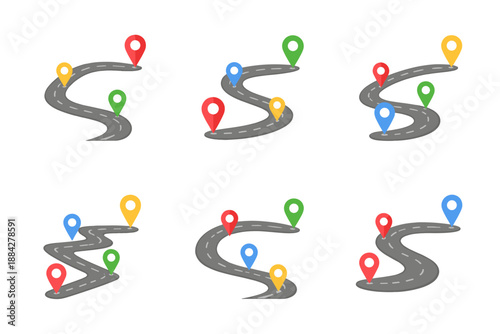 Collection of winding road paths with colorful location pins indicating destinations