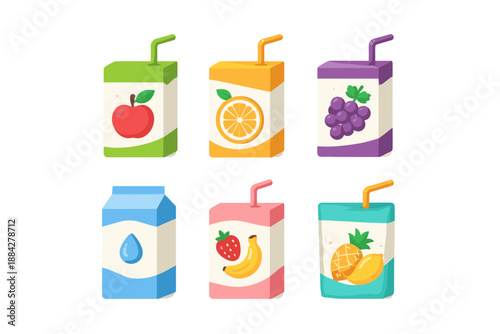Assortment of colorful juice boxes with fruit illustrations and straws