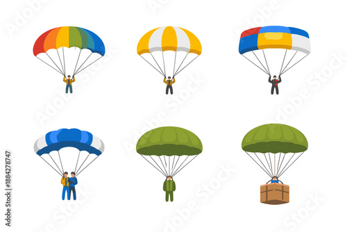 Collection of diverse parachutes with people and cargo descending