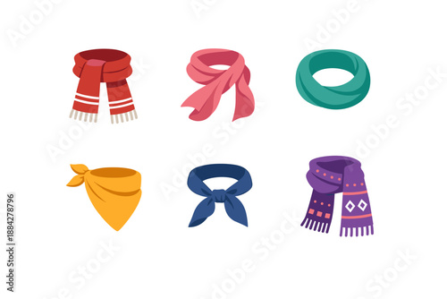 Collection of six different styles of scarves and neckwear in various colors