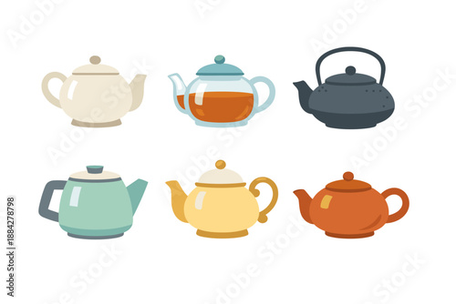 Collection of six diverse ceramic and glass teapots in various colors and styles