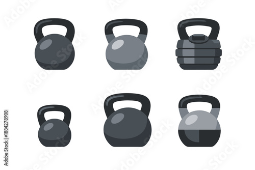 Collection of six different kettlebell icons for fitness and exercise illustrations